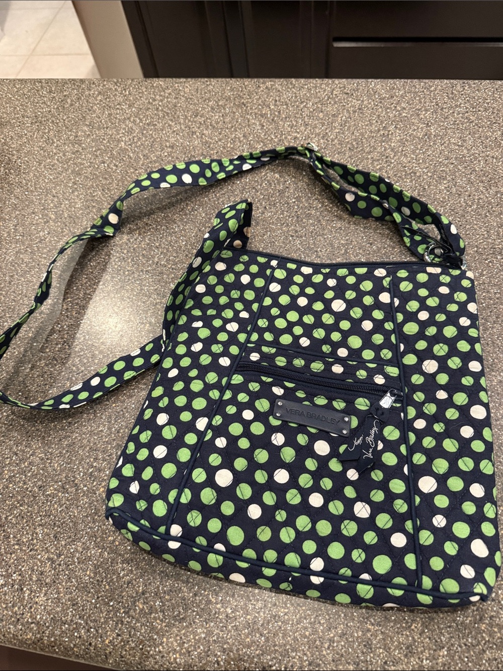 Vera Bradley Navy Crossbody with Green and White Polka Dots